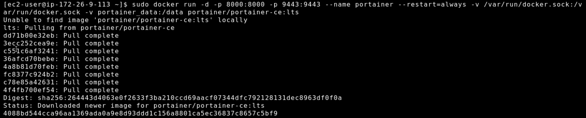 docker run -d -p 8000:8000 -p 9443:9443 --name portainer --restart=always -v /var/run/docker.sock:/var/run/docker.sock -v portainer_data:/data portainer/portainer-ce:lts