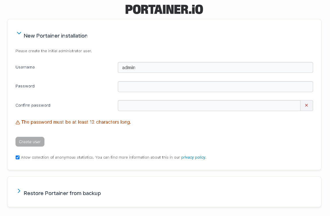 Portainer First Login